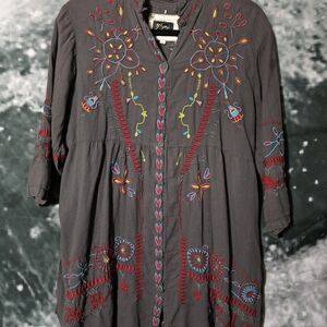 Embroidered Gray Dress with Colorful Floral Patterns